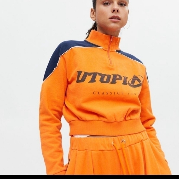 URBAN Outfitters Utopia Half-Zip Sweatshirt orange -blue - Picture 1 of 11